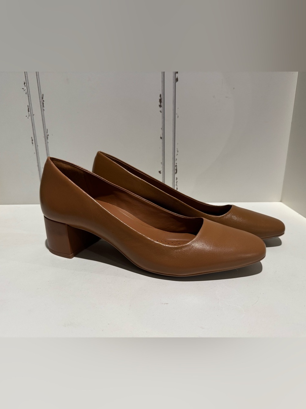 Alex Marie Tan Brown Leather Mid Block Heel Pumps